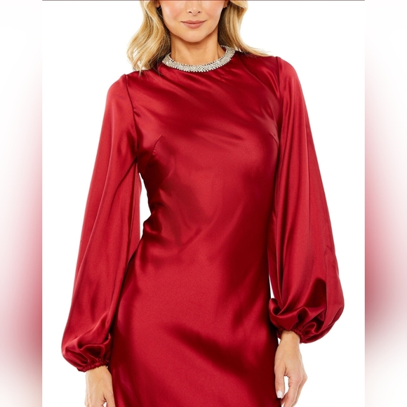 Mac Duggal 27350 Satin Wine Embellished High Neck Dress SZ 14 NWT - Picture 2 of 13